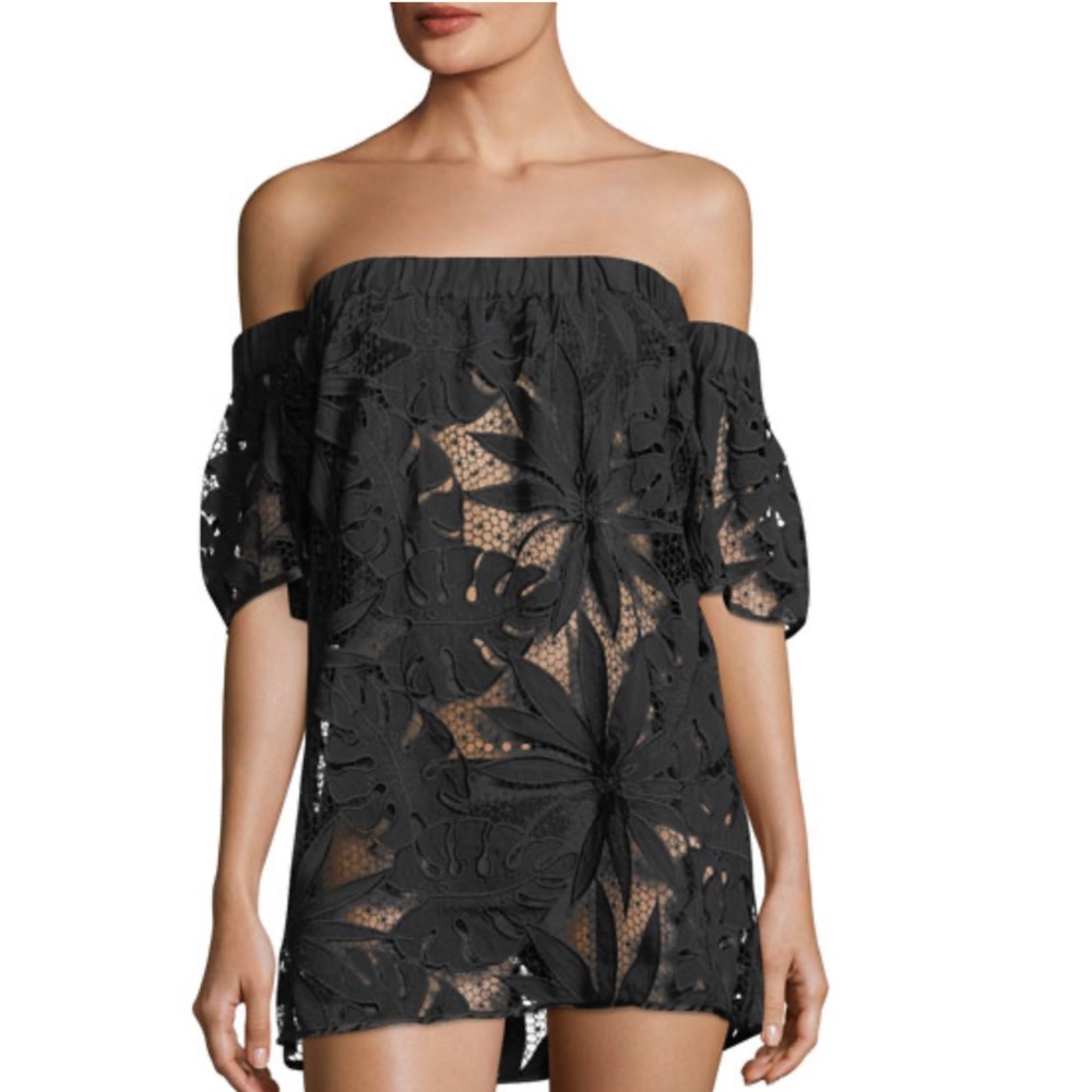 Milly Off-the-Shoulder Lace Flutter-Sleeve Shift Coverup Dress, size P